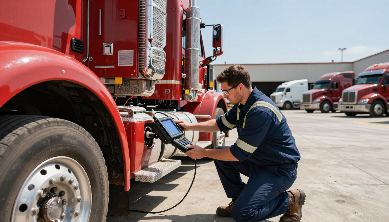Mechanic kneeling beside a red fire truck, inspecting the side step in a parking lot.