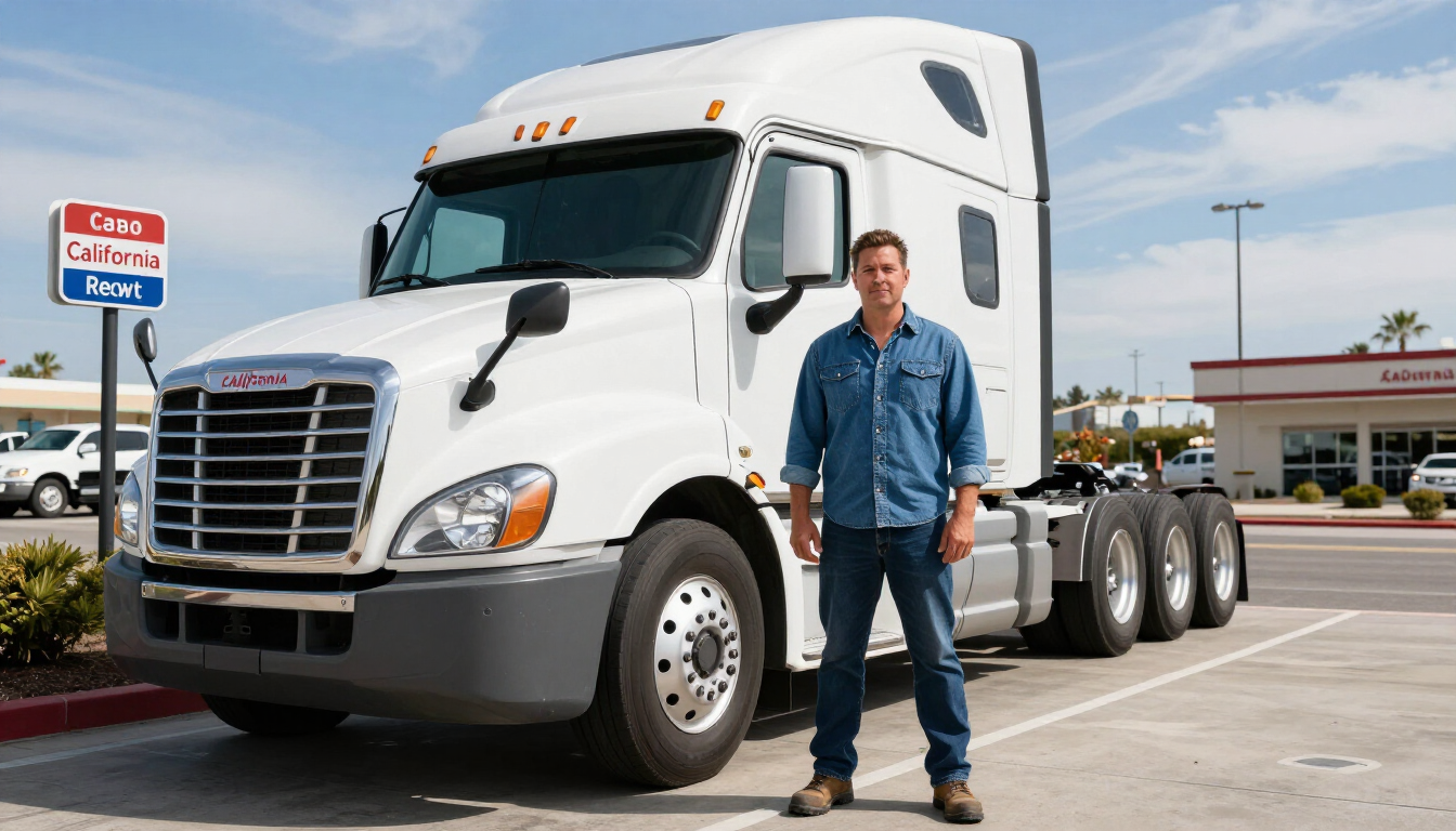 Man standing beside a white semi truck in a parking lot, with a storefront in the background