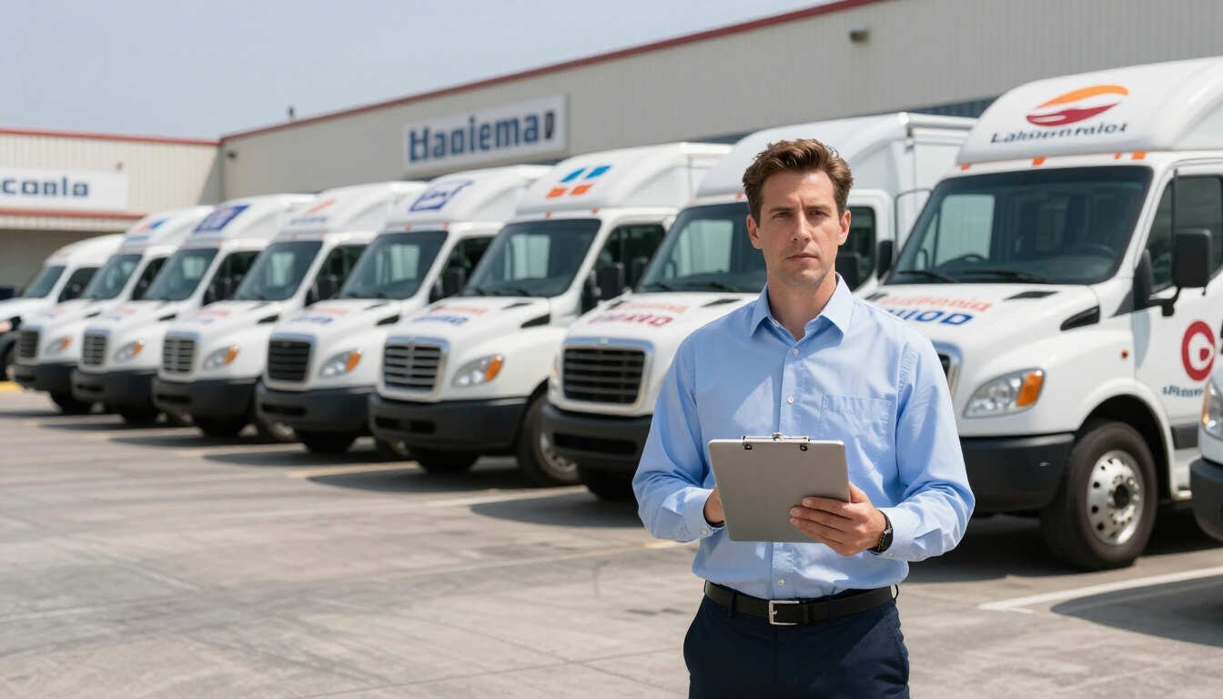 Man holding a clipboard in front of a row of white delivery vans at a depot