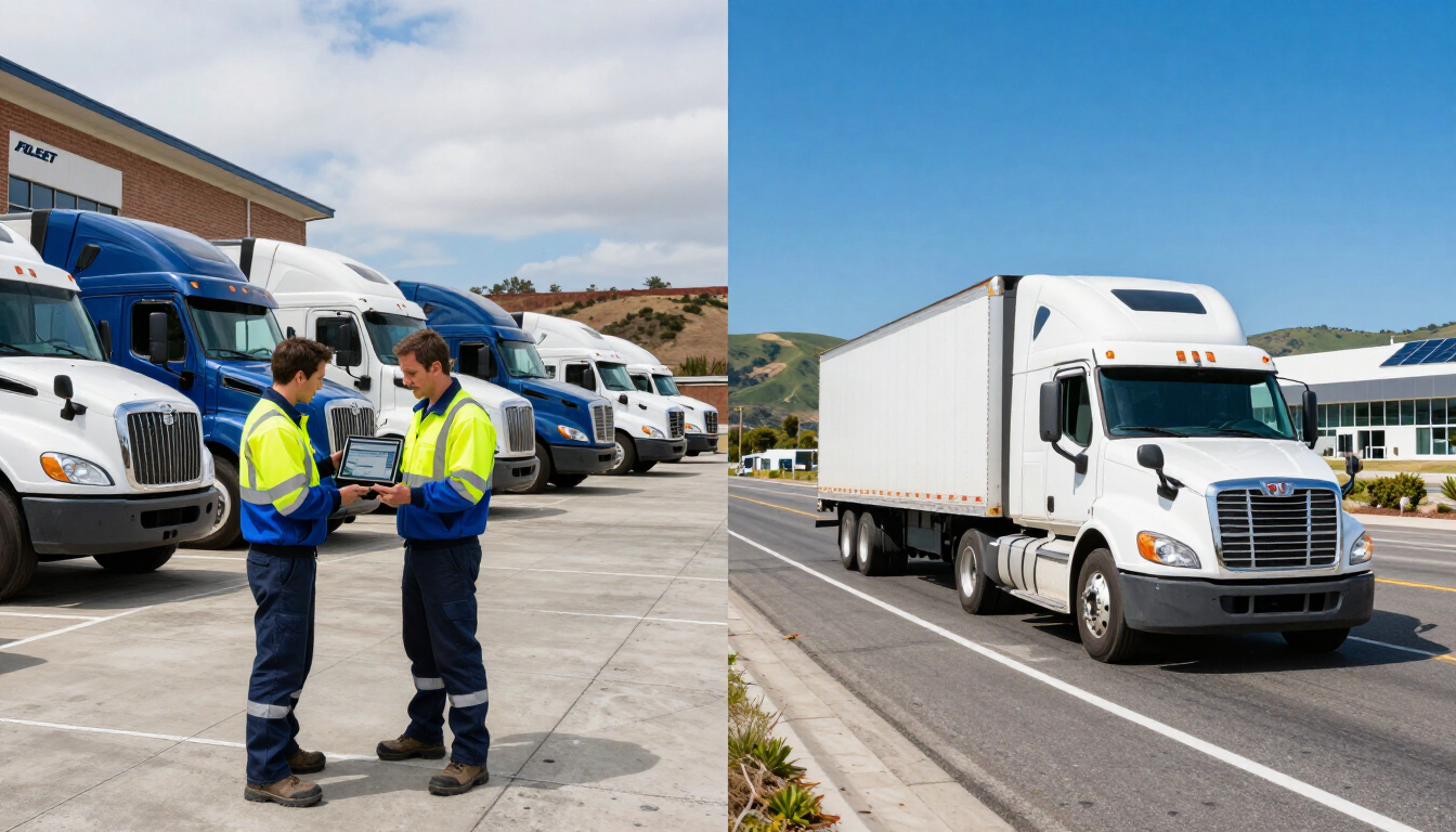 Workers in yellow vests stand by parked semi-trucks at a loading dock.