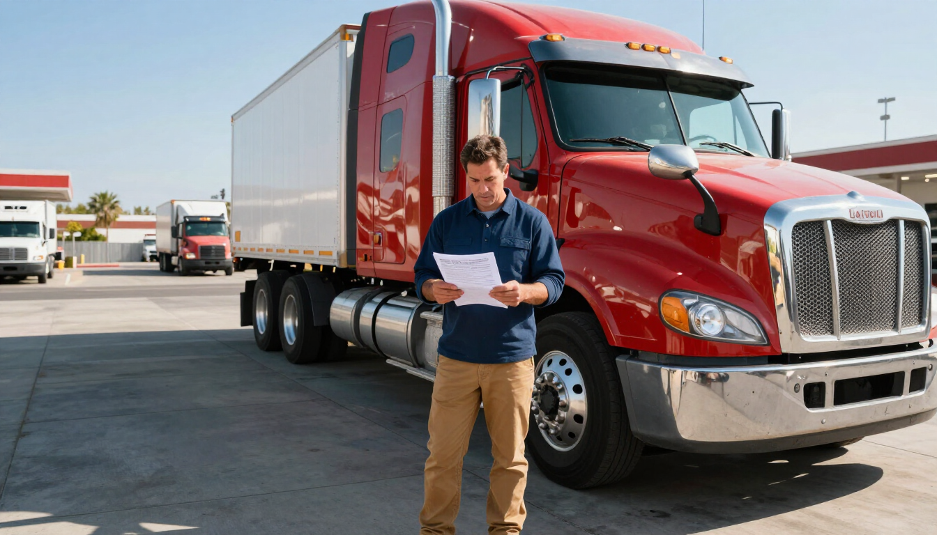 Man holding papers beside a red semi-truck in a parking lot