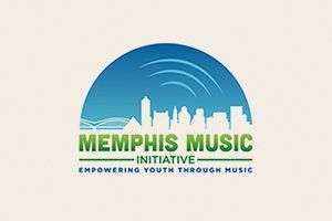 Memphis Music Initiative logo with blue skyline and green text, “Empowering youth through music”