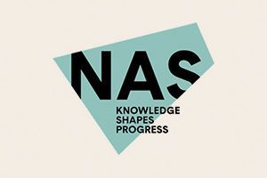 NAS logo on a teal tilted triangle with black text reading “KNOWLEDGE SHAPES PROGRESS”