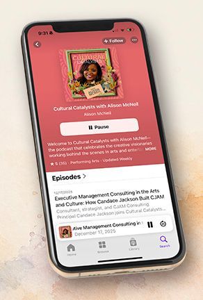 Phone displaying a red podcast page with an episode list and playback controls