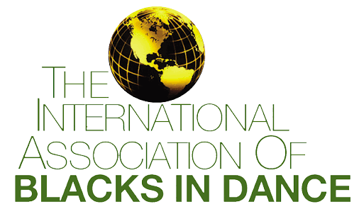Logo for The International Association of Blacks in Dance with a gold globe and green text