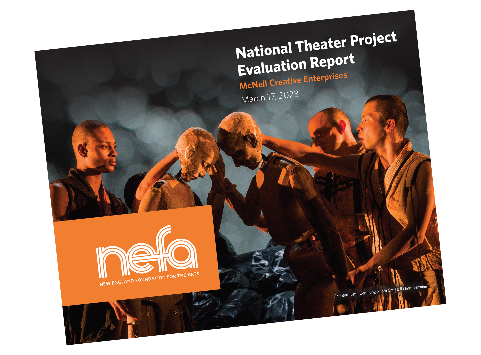 National Theater Project evaluation report cover with orange logo and stage performance photo