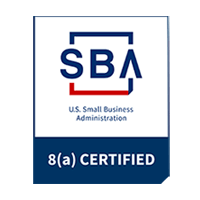 SBA 8(a) certified badge with blue and white logo and U.S. Small Business Administration text
