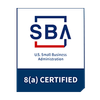 SBA 8(a) certified badge with blue and white logo and U.S. Small Business Administration text
