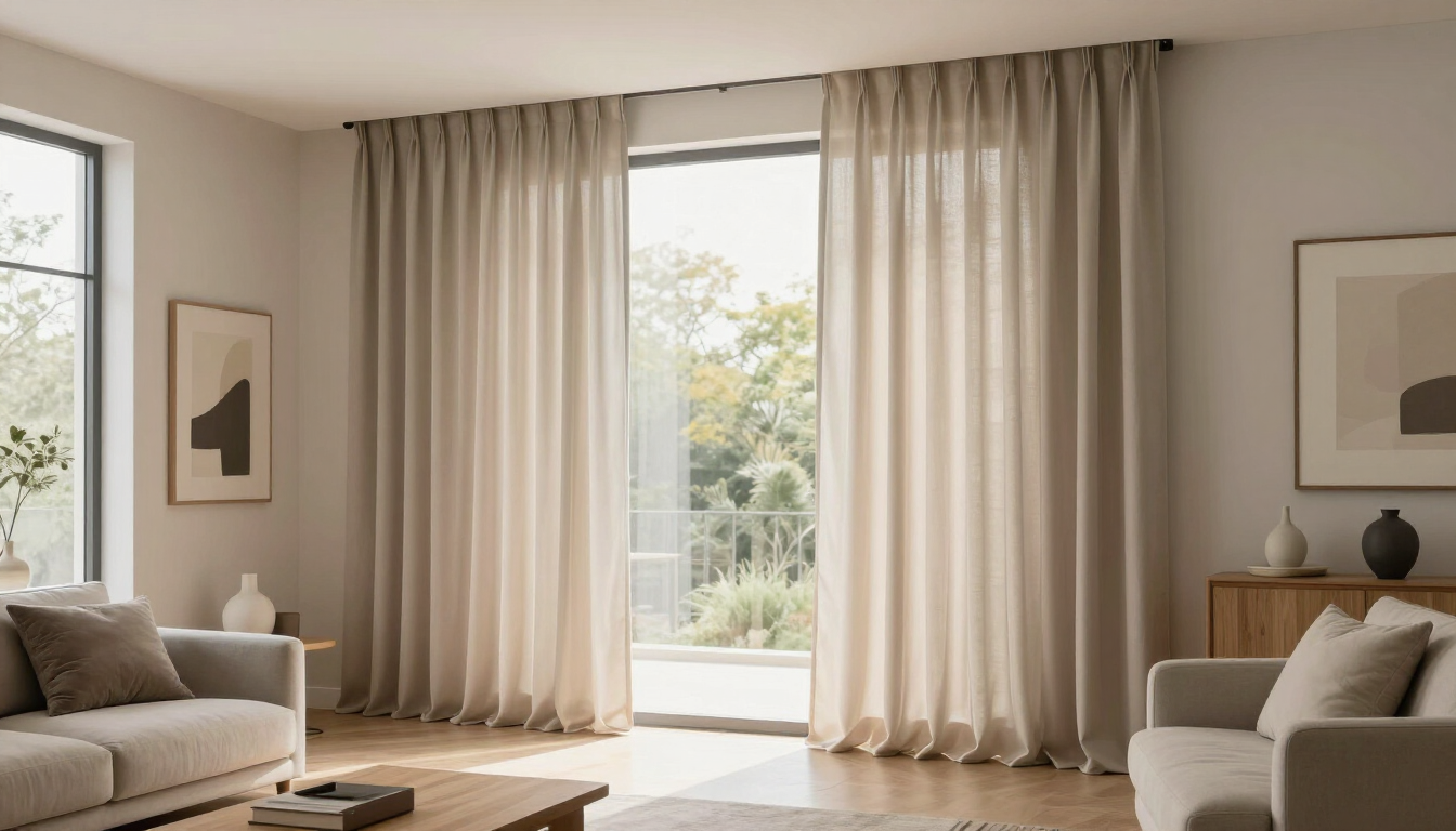 Sala de estar luminosa con cortinas beige, sofá y cuadros enmarcados en la pared, con vistas al jardín.