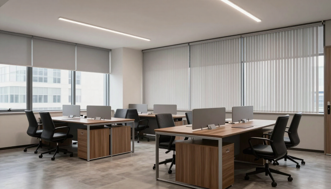 Oficina moderna de planta abierta con escritorios, ordenadores y sillas negras bajo persianas luminosas.