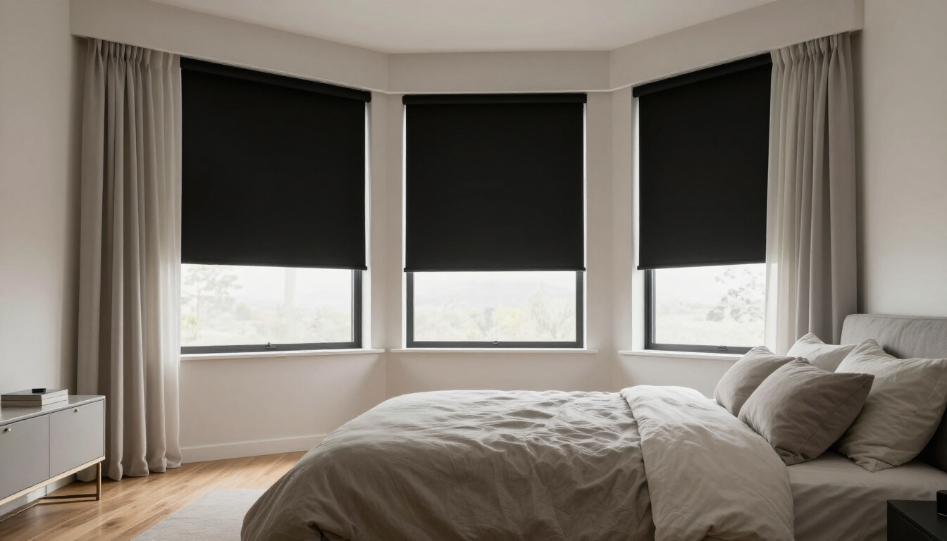 Habitación minimalista con una cama, tres ventanas y persianas oscuras.