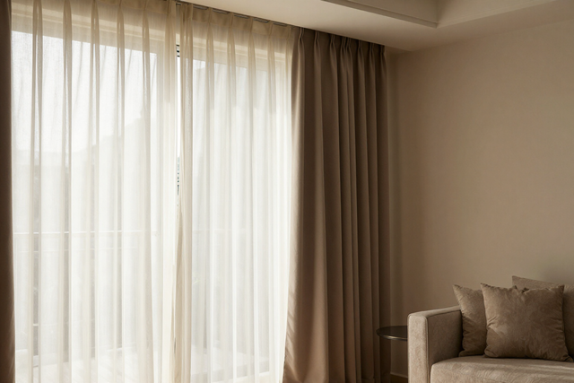 Rincón luminoso de la sala de estar con cortinas blancas transparentes, cortinas beige y un sofá con cojines.