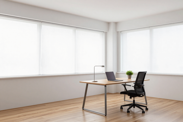 Oficina en casa minimalista con escritorio, computadora portátil, silla negra y grandes ventanales sobre un piso de madera.