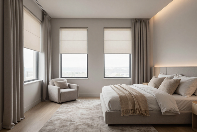 Dormitorio minimalista de color beige con grandes ventanales, una cama, un sillón y cortinas suaves.