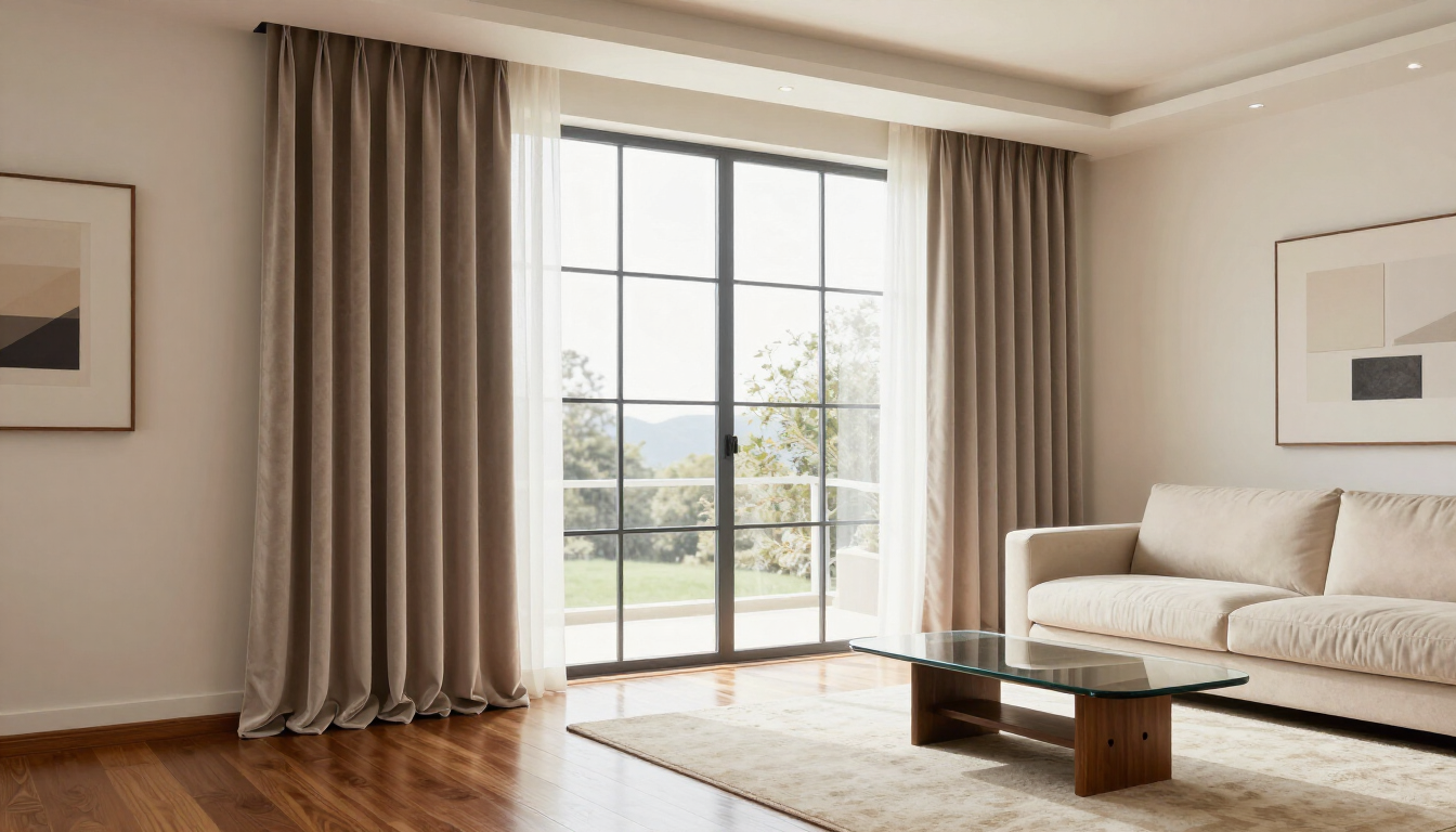 Sala de estar luminosa con sofá beige, mesa de centro de madera, ventana grande y cortinas transparentes.