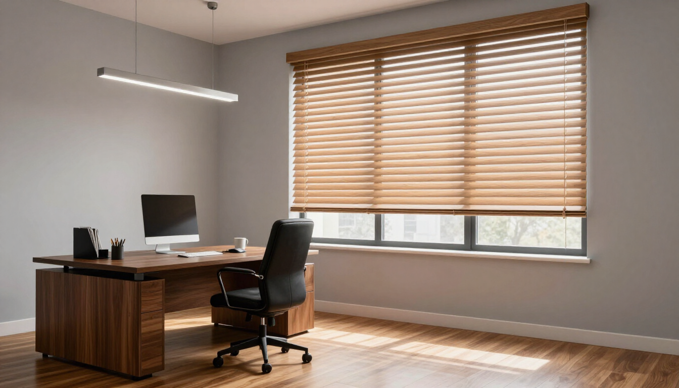 Oficina moderna en casa con escritorio de madera, ordenador, silla de oficina y luz natural que entra por las persianas.