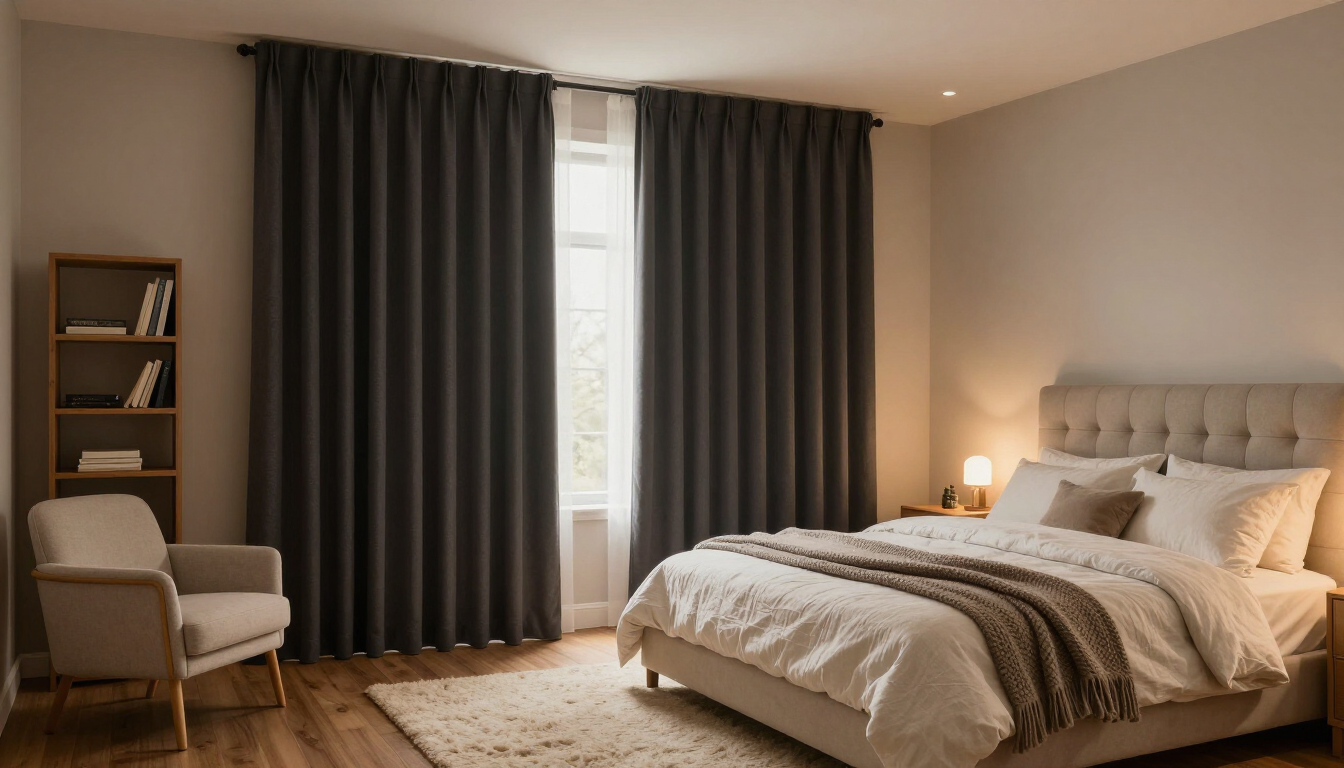Habitación acogedora con cama, sillón, lámpara, estantería y cortinas oscuras junto a la ventana.