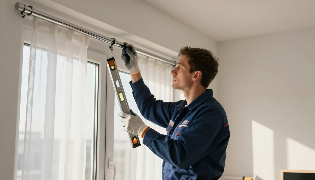 Persona colgando cortinas con una herramienta eléctrica en una habitación luminosa.