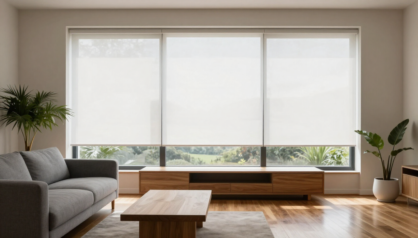 Sala de estar minimalista con sofá gris, mesa de centro de madera, persianas grandes y plantas en macetas.