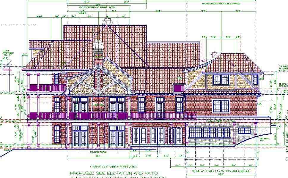 Architectural drawing of a brick and Tudor style house, detailed with dimensions and annotations on a green background.