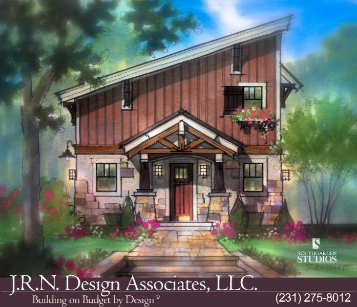Architectural rendering of a two-story home with a sloped roof, stone accents, and a front porch.