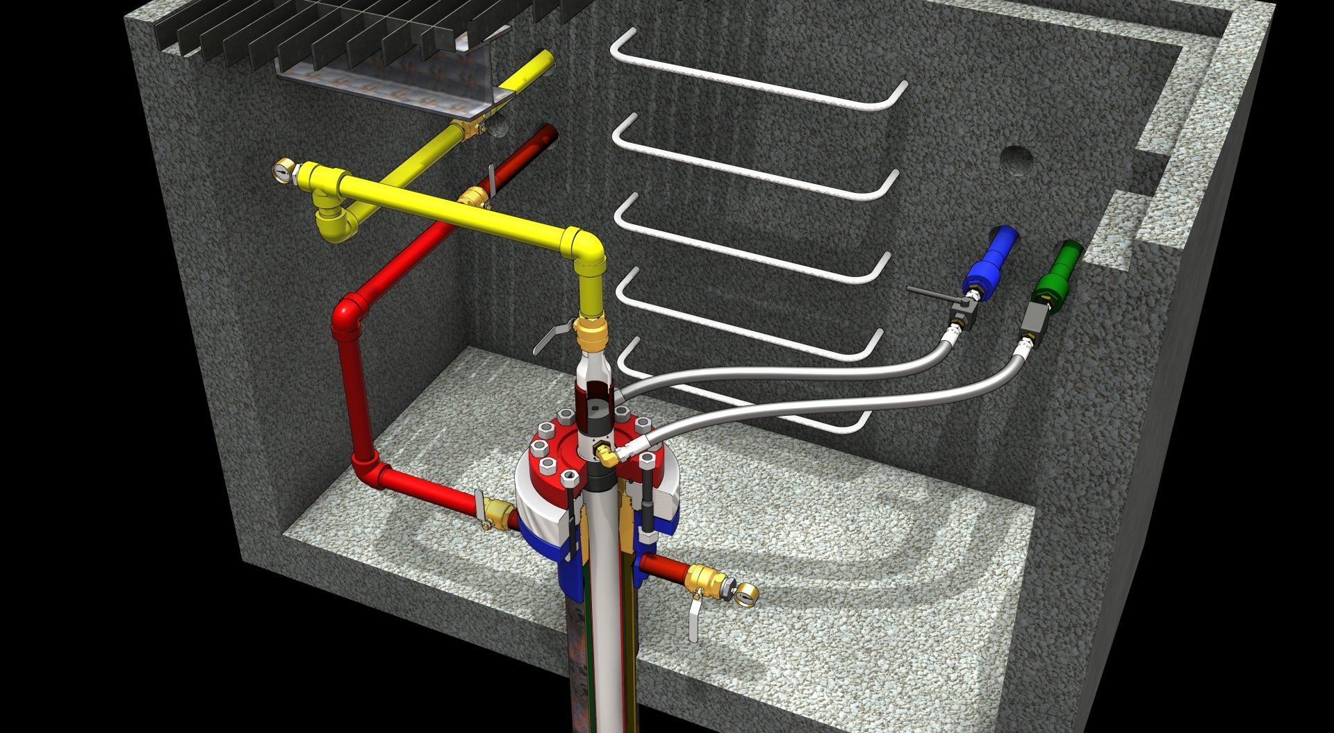 Color-coded pipes and wiring in a mechanical utility box interior, with valves and coiled tubing.