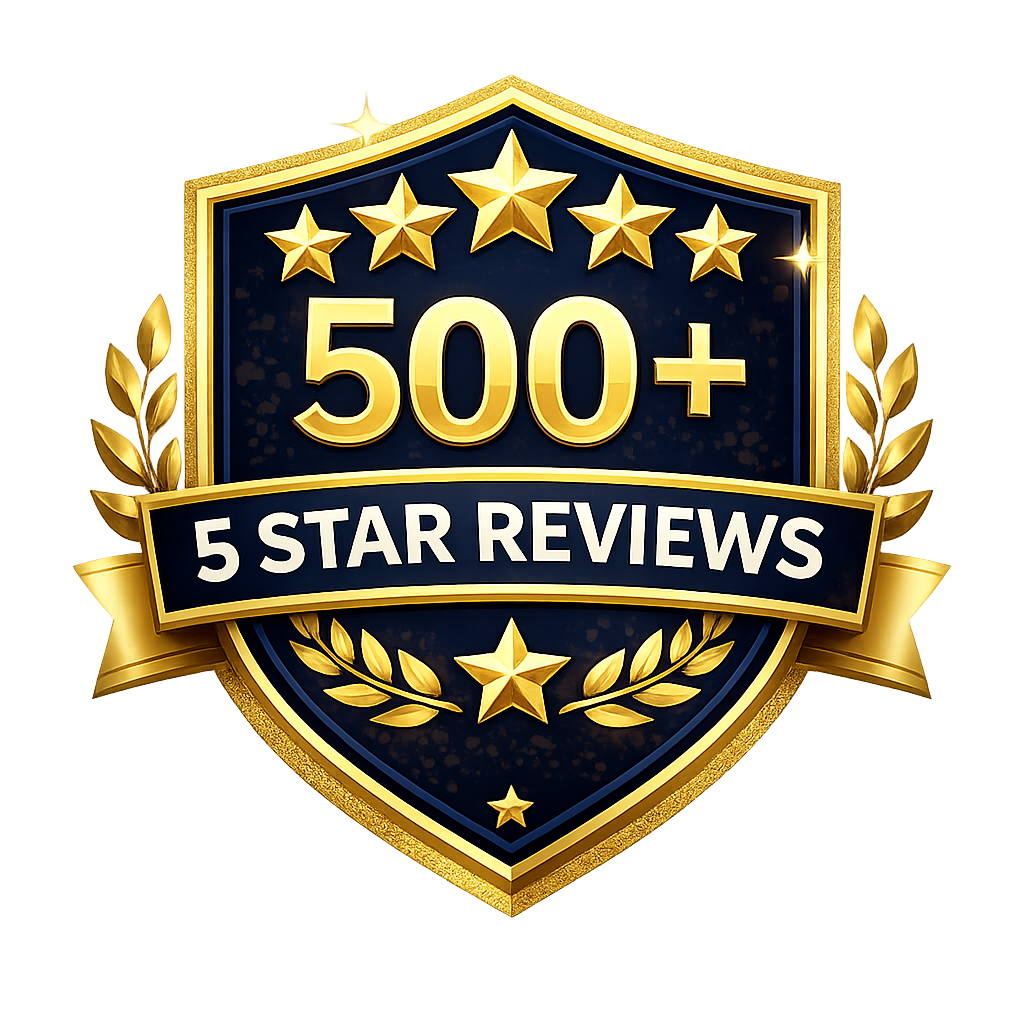 A gold and dark blue shield emblem with a laurel wreath, five stars, and the text