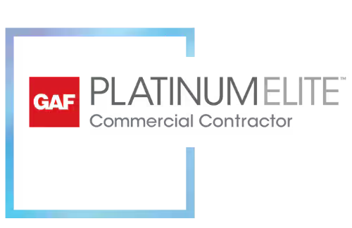 GAF Platinum Elite Commercial Contractor logo featuring the red GAF square and text inside a blue gradient border.