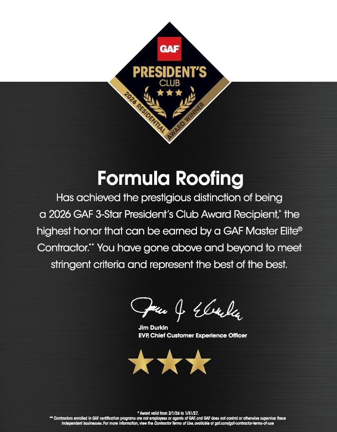 Formula Roofing 3 Star President's Club Certificate page 1