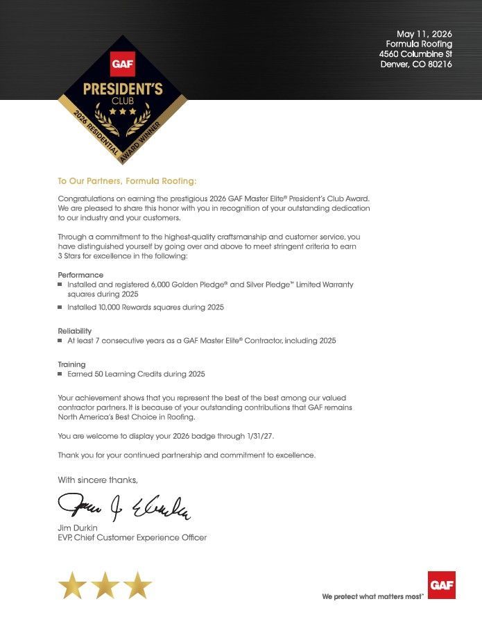Formula Roofing 3 Star President's Club Certificate page 2