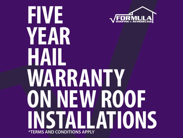 A poster that says five year hail warranty on new roof installations