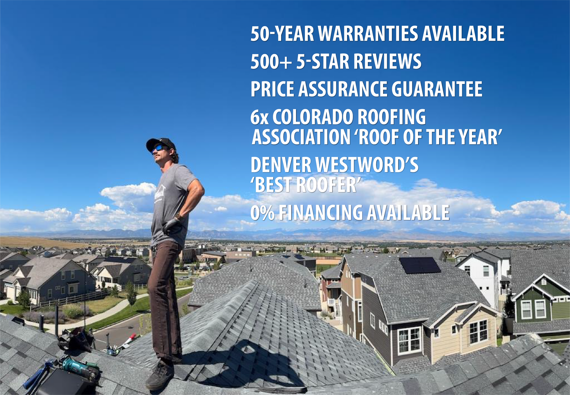 Man on rooftop with text overlay: warranties, reviews, guarantee,