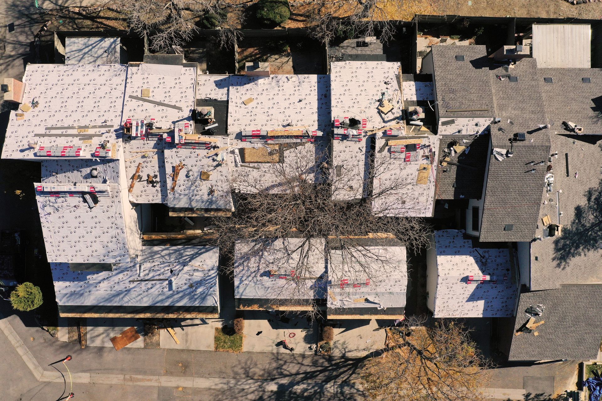 An aerial view of houses under construction