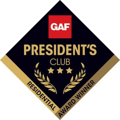 GAF President's Club Residential Award winner badge in black and gold with three stars and a laurel wreath design.