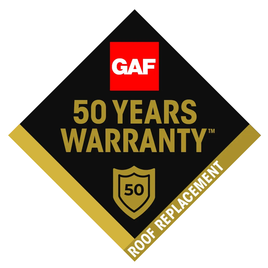 A black and gold diamond-shaped GAF logo with the text