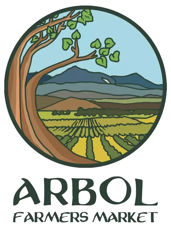 Arbol Farmers Market logo with a tree, fields, and mountains in a circular landscape design