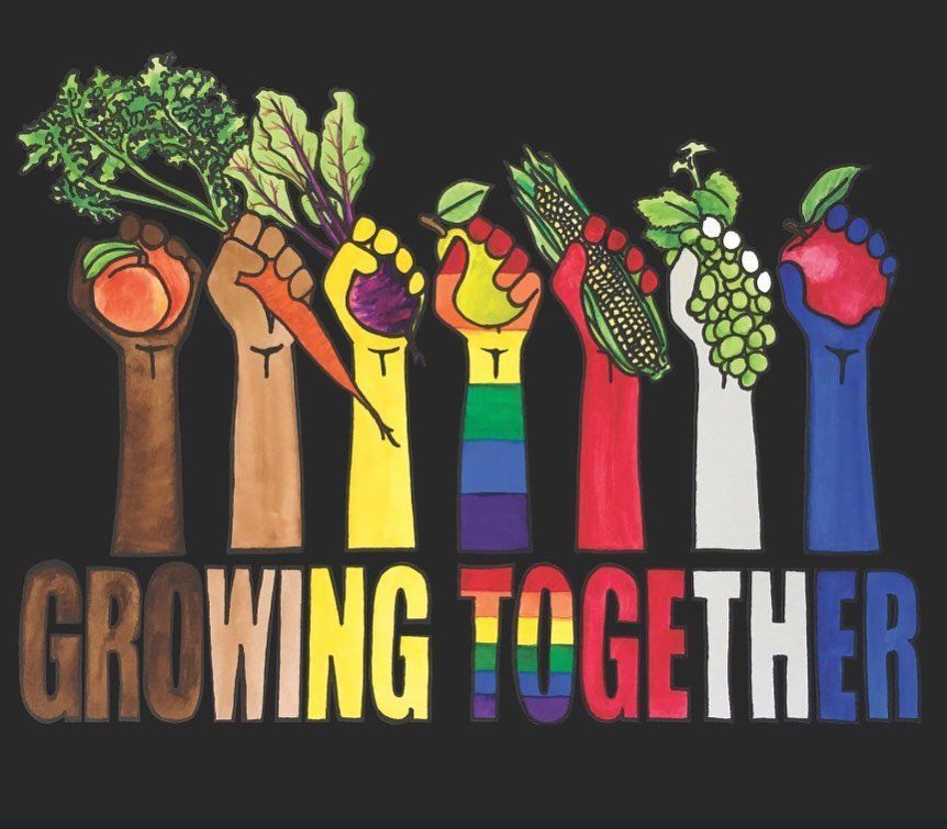 Raised hands holding vegetables above “GROWING TOGETHER” in rainbow letters on a black background