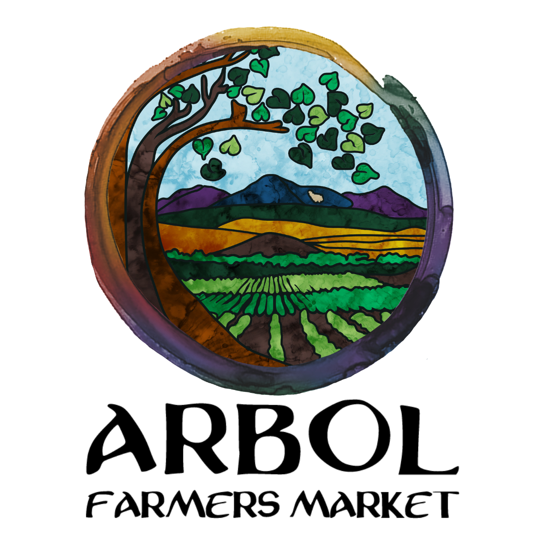 ARbol Farmers Market logo with a circular tree and colorful farm fields, mountains, and sky.