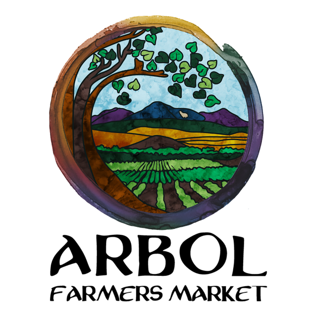 Arbol Farmers Market logo with a tree, mountains, fields, and green leaves in a circular emblem
