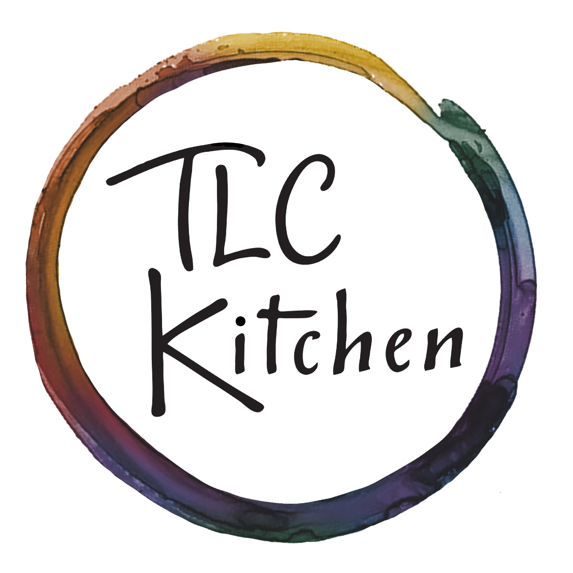 TLC Kitchen logo in black text inside a multicolored circular brushstroke