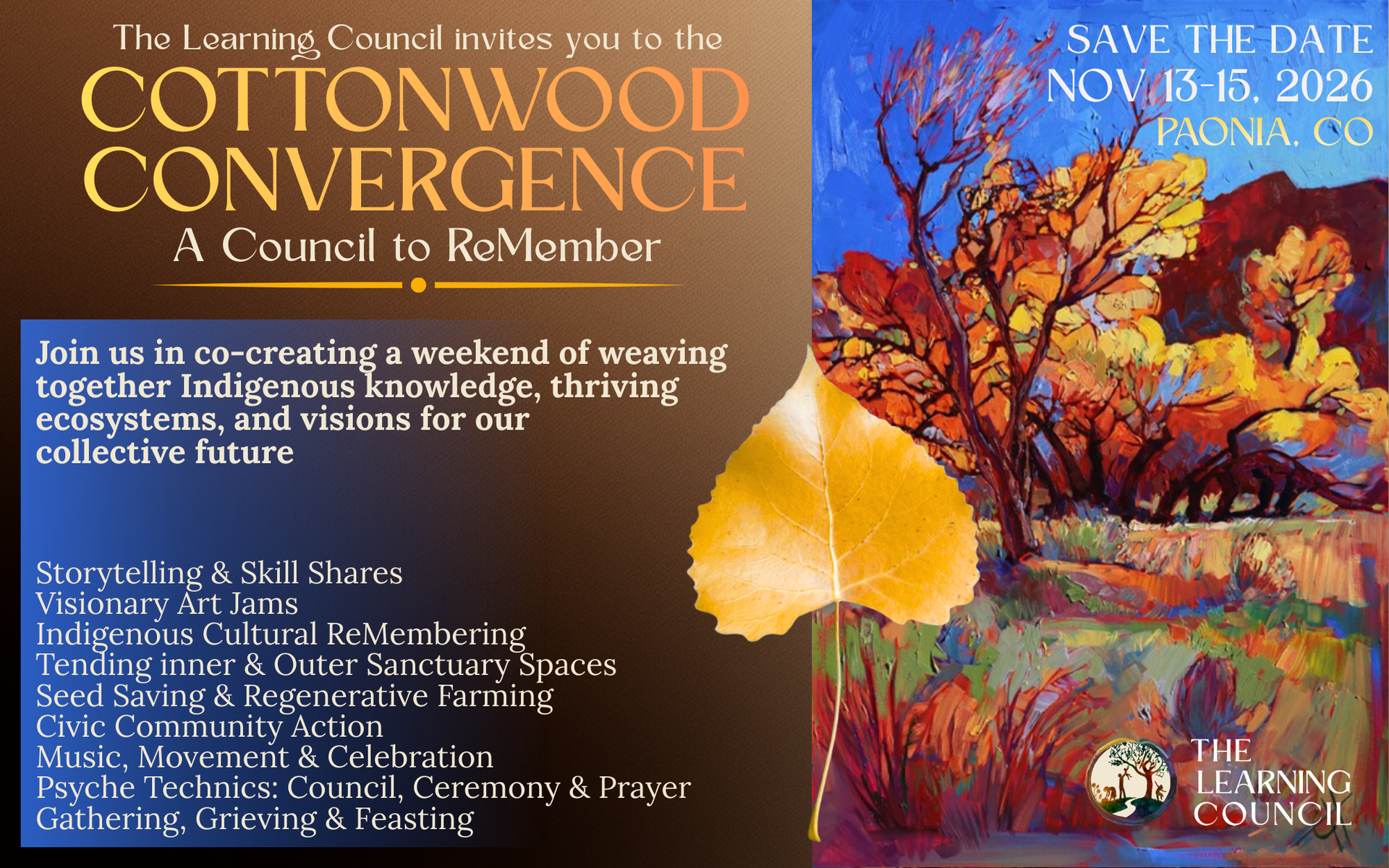 Cottonwood Convergence conference poster with orange leaves, Nov. 15-16, 2026, Great Falls, Montana.