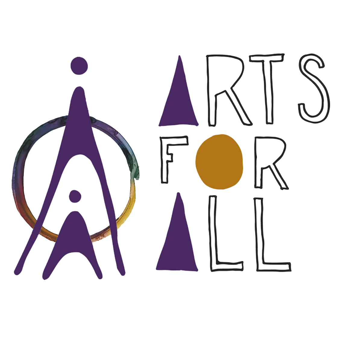 Arts for All logo with purple figures and orange circle on white background