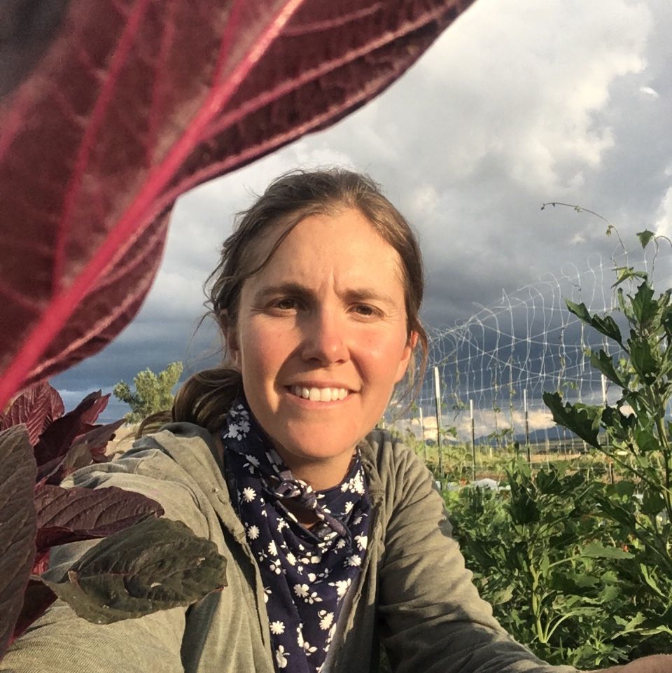Smiling person in a garden with red leaves in the foreground and cloudy sky behind