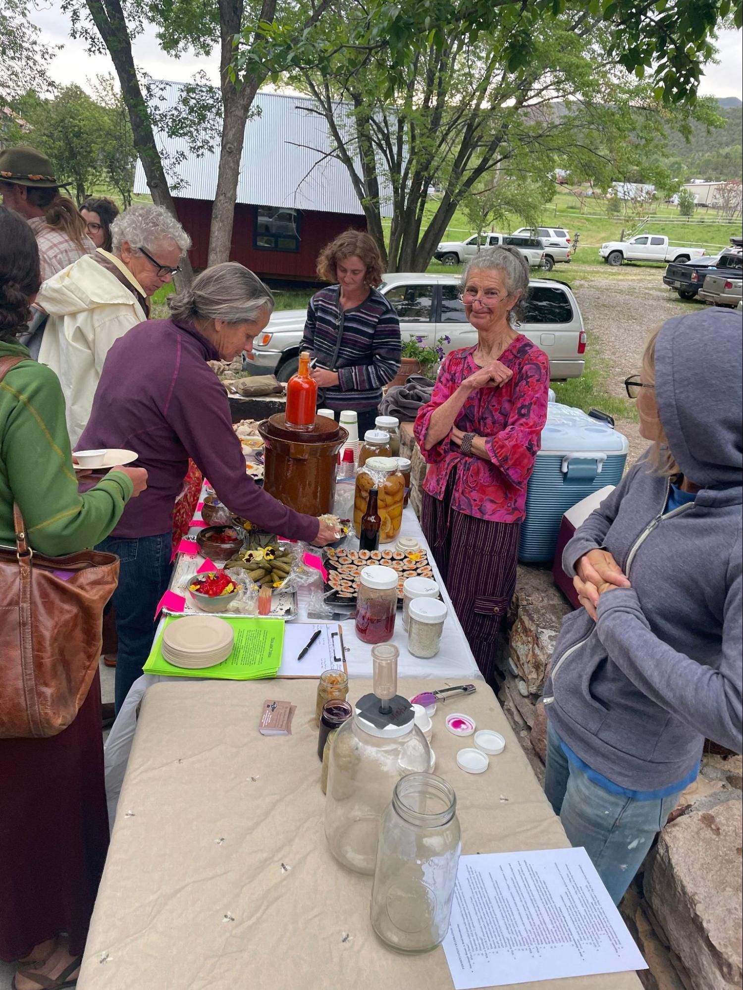 People gathered around a table outdoors, chatting and serving food and drinks at a picnic.