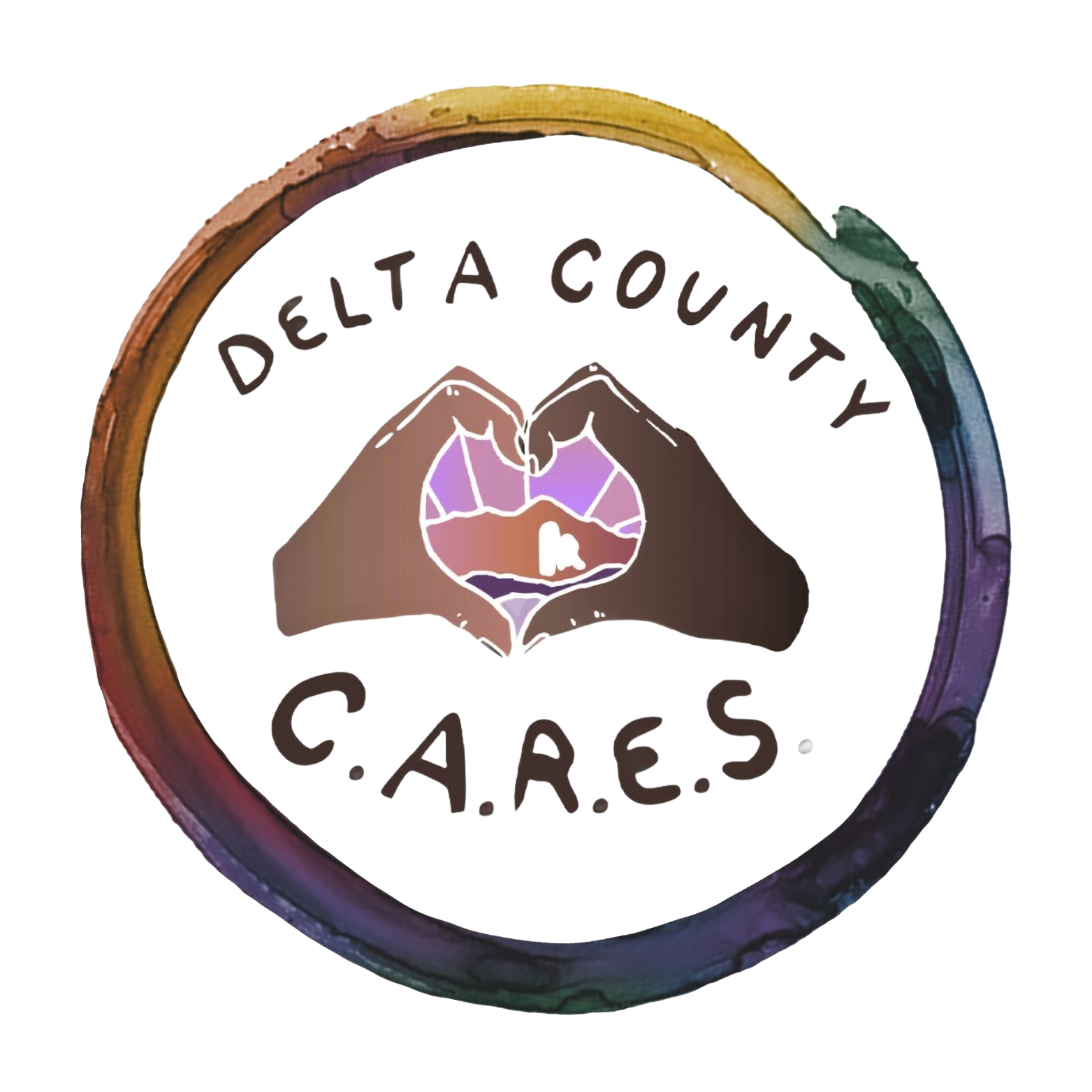 Delta County C.A.R.E.S. logo with colorful circular ring and hands forming a heart around a flower