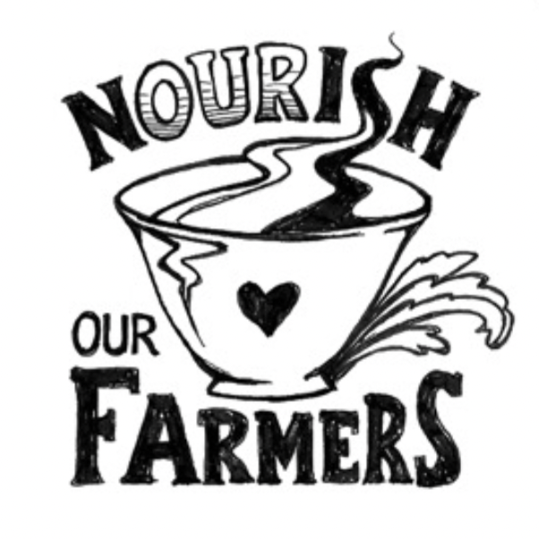 “Nourish Our Farmers” text with a steaming bowl, heart, and wheat illustration