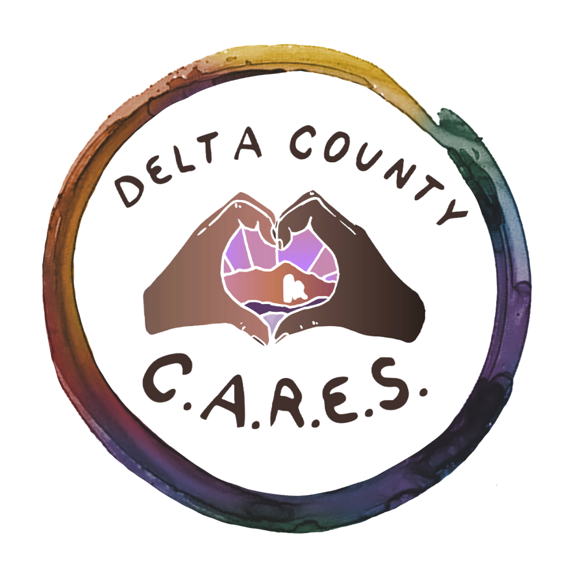 Delta County C.A.R.E.S. logo in a multicolored circular ring with clasped hands in the center