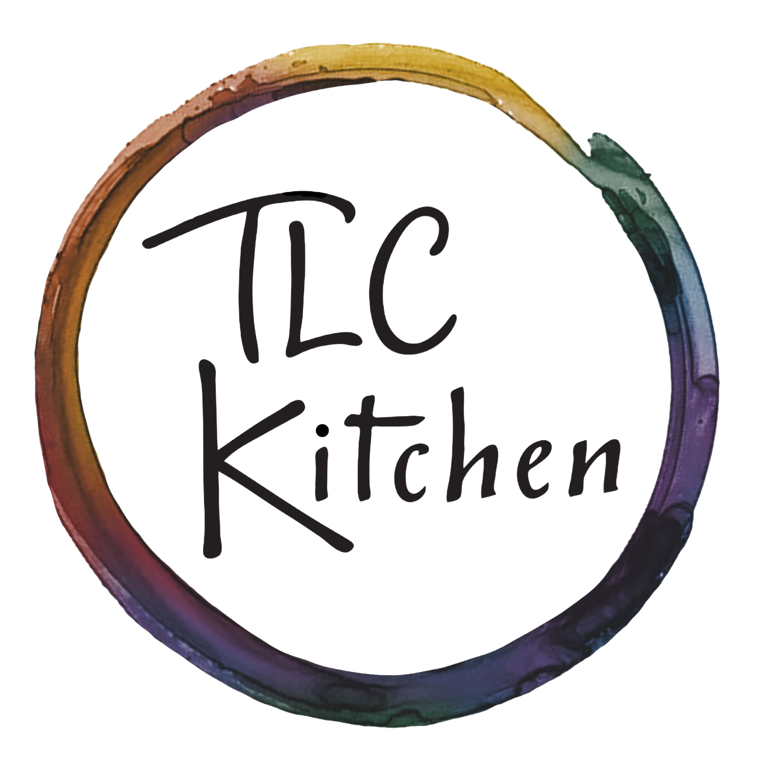 TLC Kitchen logo with black text inside a multicolored circular brushstroke