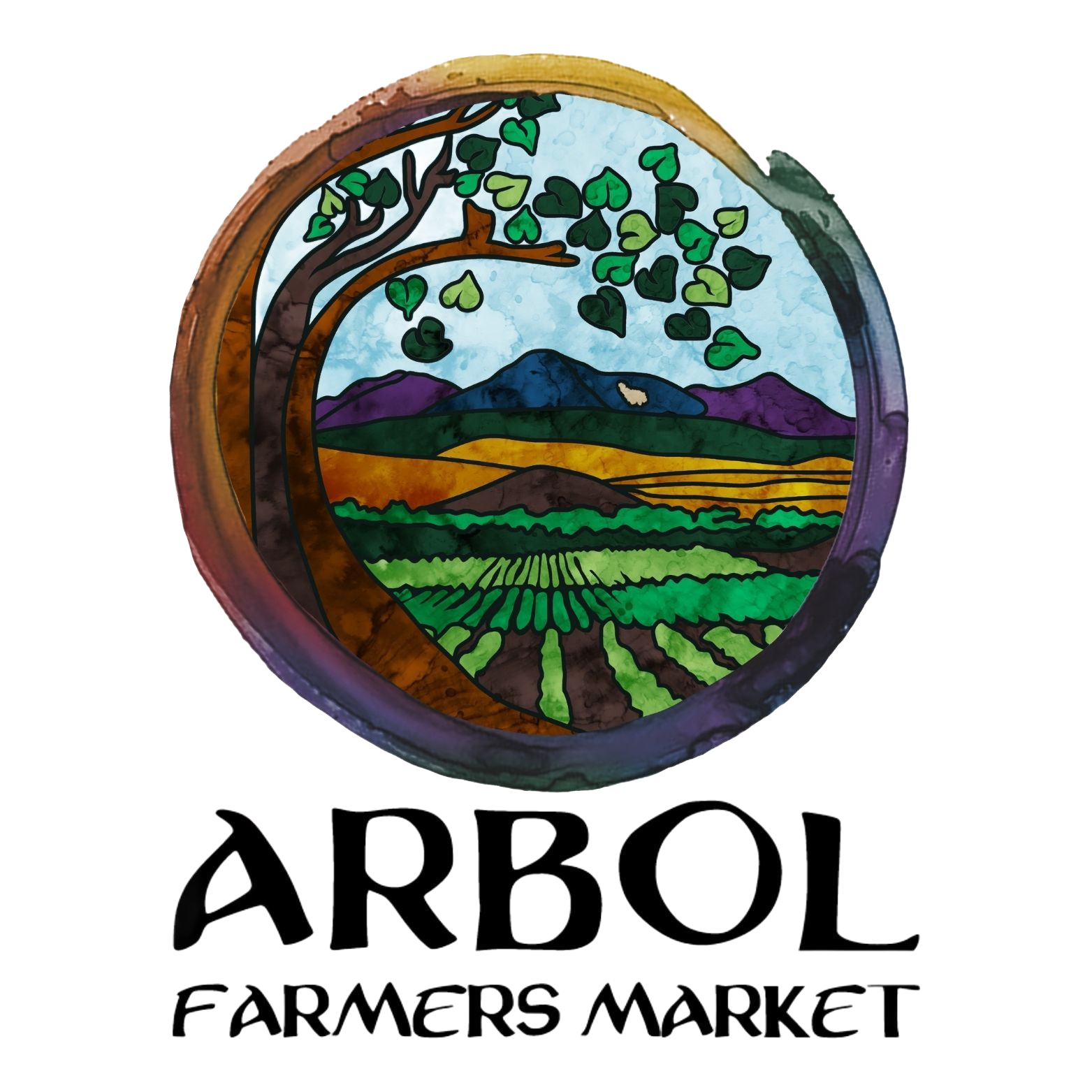 ARBOL Farmers Market logo with a circular tree-and-fields landscape in green, purple, and brown