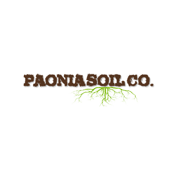 PAONIA SOIL CO. logo in brown with green roots underneath on a white background